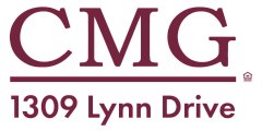Elegant graphic displaying 'CMG' and address '1309 Lynn Drive' in sophisticated maroon font.