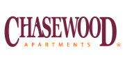 Elegant logo for Chasewood Apartments, featuring bold maroon text with modern design.