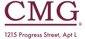 CMG logo with address 1215 Progress Street, Apt L, featuring elegant maroon typography.