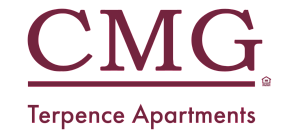 Elegant CMG Terpence Apartments logo in sleek maroon, conveying modern luxury and sophistication.