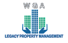 Logo for WGA Legacy Property Management featuring stylized skyscrapers embraced by hands, symbolizing care and urban living.