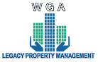 Logo for WGA Legacy Property Management featuring stylized skyscrapers held by hands, symbolizing care and professionalism in real estate.