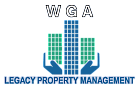 Modern logo for WGA Legacy Property Management featuring hands holding a stylized cityscape, symbolizing trust and care in property services.