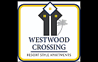Elegant logo of Westwood Crossing, featuring a modern architectural design with a palm tree backdrop, symbolizing resort-style living.