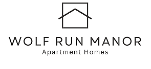 Elegant Wolf Run Manor logo featuring a minimalistic house design with stylish typography, representing upscale apartment homes.