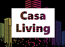 Vibrant cityscape with colorful high-rise buildings and 'Casa Living' text, showcasing modern urban lifestyle.