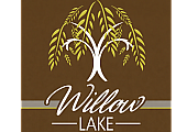 Elegant Willow Lake logo featuring a stylized willow tree on a rich brown background, embodying nature and serenity.