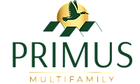 Elegant Primus Multifamily logo featuring a soaring bird over a stylized rooftop with a golden sun backdrop.