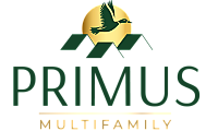 Elegant Primus Multifamily logo featuring a soaring bird over a stylized rooftop with a golden sun backdrop.