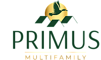 Elegant Primus Multifamily logo featuring a soaring bird over a stylized rooftop with a golden sun backdrop.