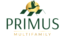 Elegant Primus Multifamily logo featuring a soaring bird over a stylized rooftop with a golden sun backdrop.