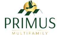 Elegant Primus Multifamily logo featuring a soaring bird over a stylized rooftop with a golden sun backdrop.