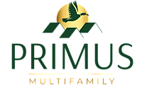 Elegant Primus Multifamily logo featuring a soaring bird over a stylized rooftop with a golden sun backdrop.