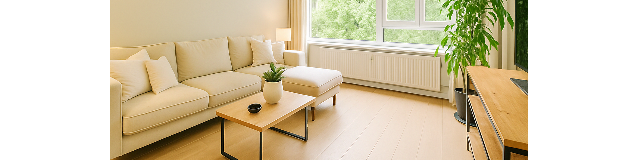 Bright and cozy living room with modern beige sofa, large window offering scenic views, and natural wood accents.