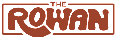 Bold and distinctive logo design for The Rowan, featuring playful and modern typography in a vibrant brown color.