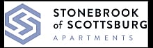 Modern logo for Stonebrook of Scottsburg Apartments featuring a sleek geometric design and elegant typography.