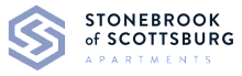 Modern logo for Stonebrook of Scottsburg Apartments featuring a sleek geometric design in blue tones.