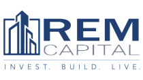 Modern REM Capital logo featuring a stylized skyscraper design with the tagline 'Invest. Build. Live.'