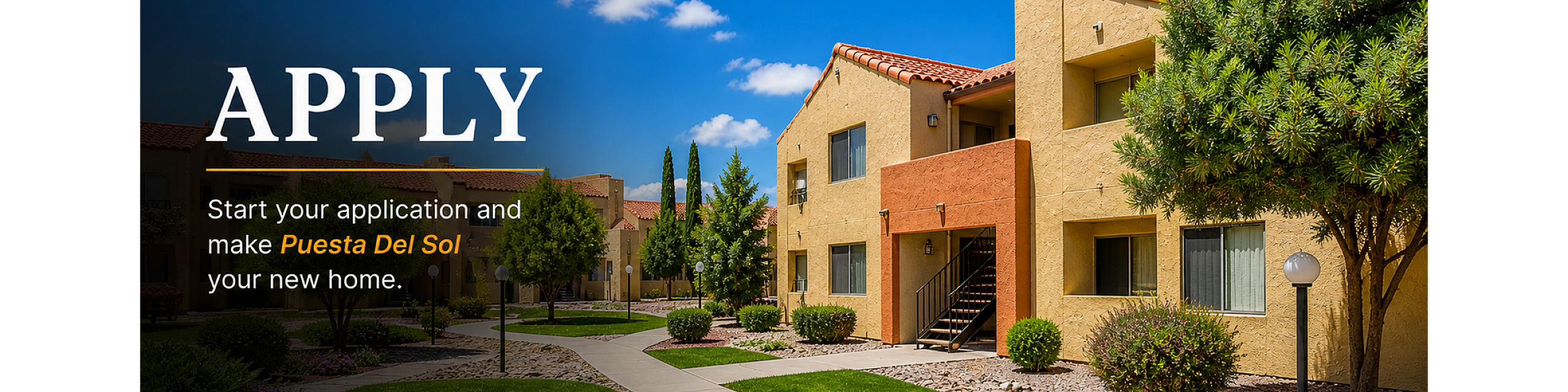 Inviting Puesta Del Sol apartments with charming pathways, lush greenery, and Mediterranean-style architecture under a clear blue sky.