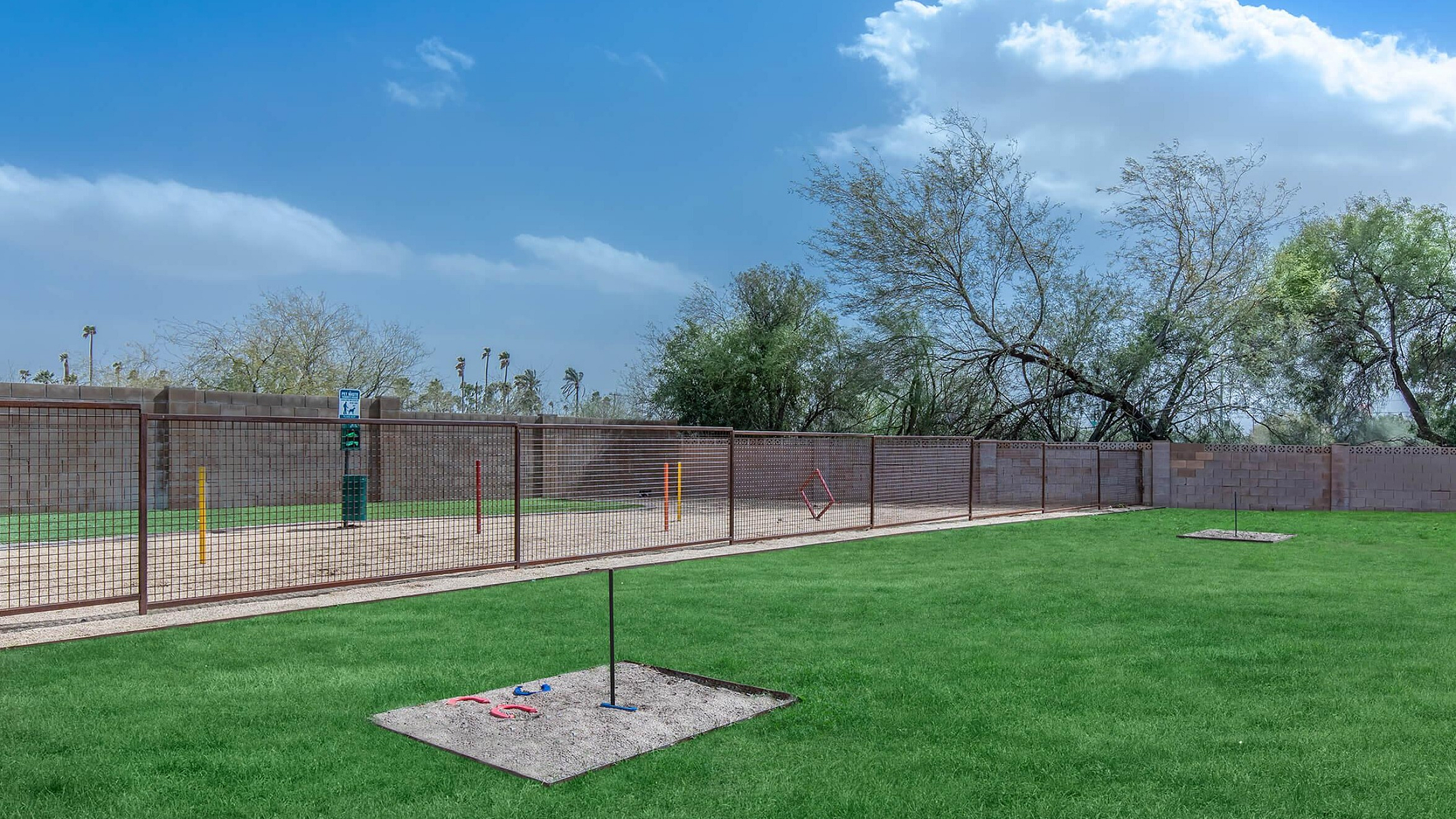 Expansive dog park with lush green grass and agility equipment, perfect for playful pets under a bright blue sky.