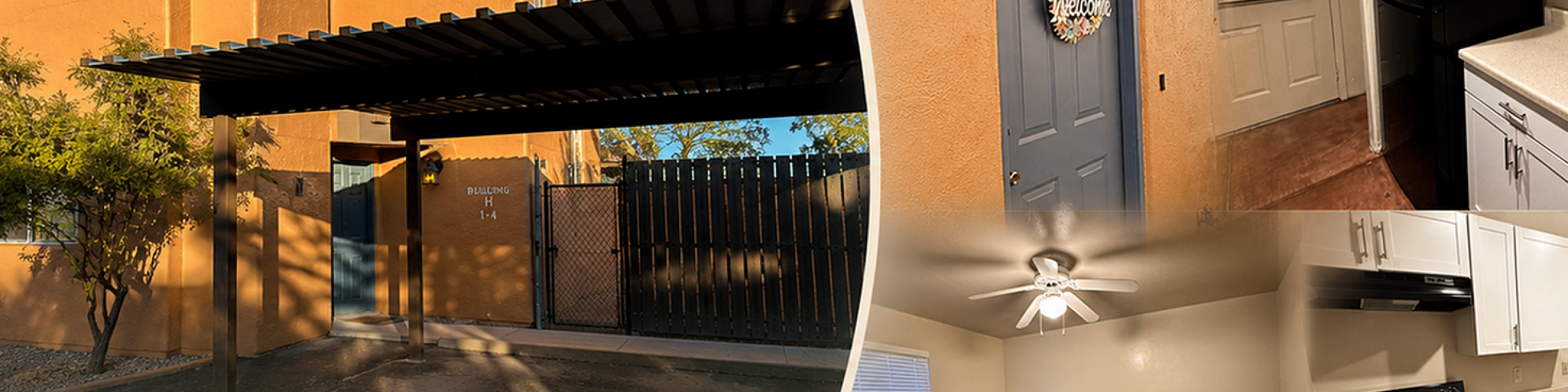 Inviting southwestern-style apartment with a warm stucco exterior, featuring a cozy entryway, modern kitchen with sleek white cabinetry, spacious carpeted living area, and ceiling fan for comfort. Welcome to a community offering convenience