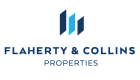 Modern logo design featuring the name Flaherty & Collins Properties with bold, stylish typography and geometric bar accents in blue tones.