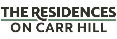 Elegant logo for The Residences on Carr Hill, showcasing modern typography with a subtle green underline.