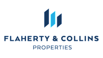 Flaherty & Collins Properties logo with modern blue and dark blue geometric design.