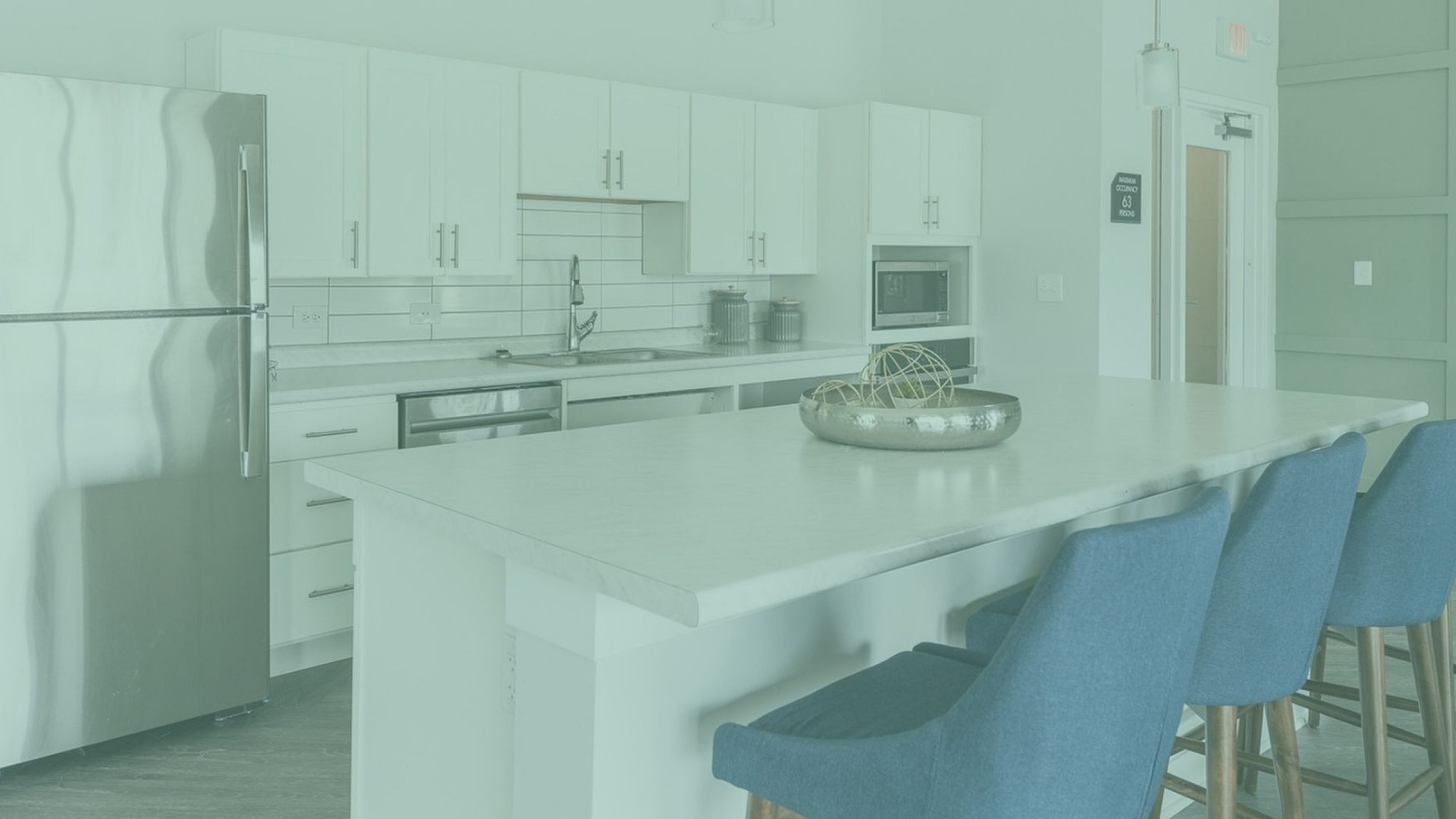 Modern kitchen with sleek stainless steel appliances, white cabinetry, and a spacious island with blue bar stools, creating an inviting space for cooking and gathering.