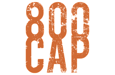 Bold distressed logo design with large orange text '800 CAP' for a modern urban aesthetic.
