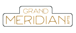 Elegant logo for Grand Meridian Apartments showcasing modern design with gold and black color scheme.