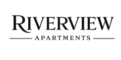 Elegant Riverview Apartments logo set against a modern digital pattern backdrop.