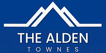 Elegant logo design for The Alden Townes, featuring sleek geometric lines on a bold blue background.