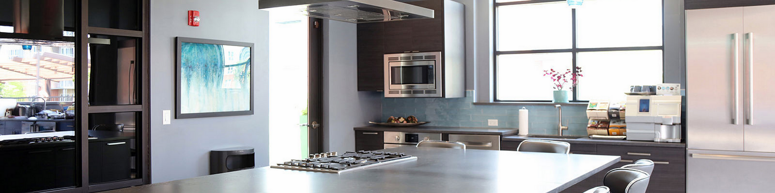 Modern kitchen with sleek stainless steel appliances, a spacious island, natural light, and contemporary decor.