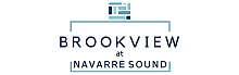 Elegant logo featuring 'Brookview at Navarre Sound' with artistic blue tile design above the text.