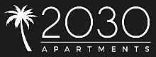 Modern logo design for 2030 Apartments featuring a sleek palm tree silhouette against a dark background, conveying a contemporary and tropical vibe.