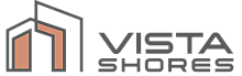 Modern logo for Vista Shores featuring a sleek building design, emphasizing architectural elegance and coastal living.