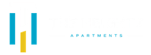 The Heights Apartments logo with modern design featuring stylized 'T' and bold typography.