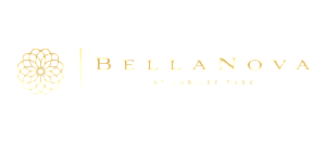 Elegant BellaNova at Jubilee Park logo featuring a sophisticated gold floral design.