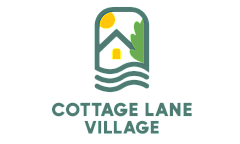 Inviting Cottage Lane Village logo featuring a house silhouette with a sun and tree elements, symbolizing peaceful and cozy community living.