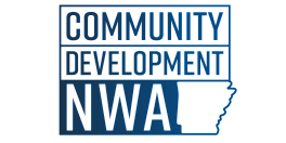Community Development NWA logo with bold blue text and an outline of Arkansas.