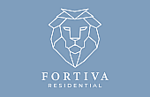 Modern Fortiva Residential logo with a geometric lion design on a serene blue background.