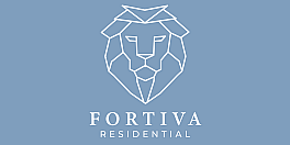 Elegant Fortiva Residential logo with geometric lion design on a calming blue background.