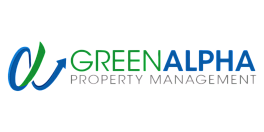 GreenAlpha Property Management logo featuring a dynamic arrow design in blue and green.