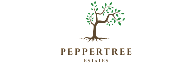 Elegant Peppertree Estates logo featuring a stylized tree with vibrant green leaves, symbolizing growth and tranquility.