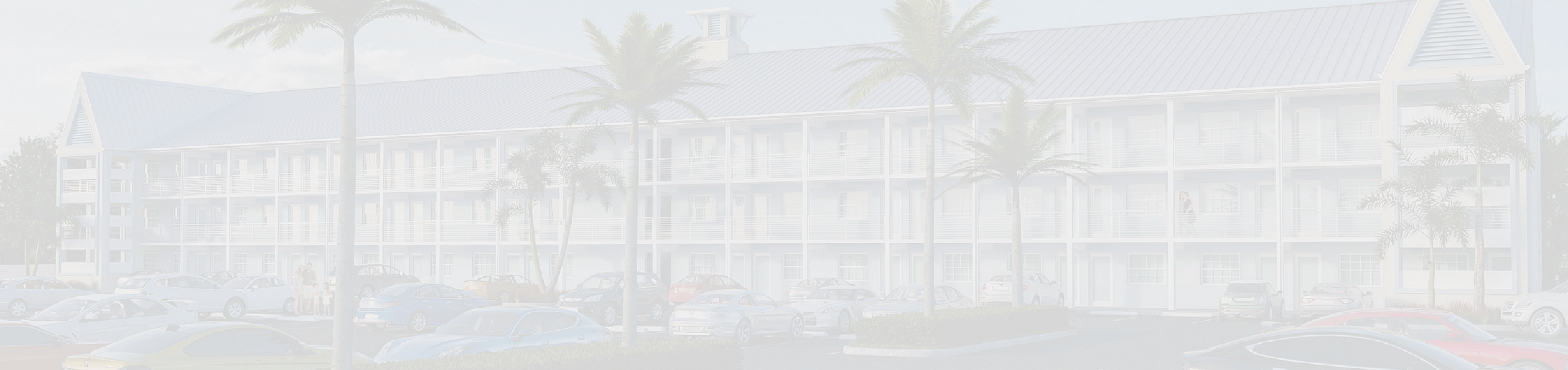 Contemporary multi-story apartment building with palm trees and ample parking, offering a serene and stylish living environment.