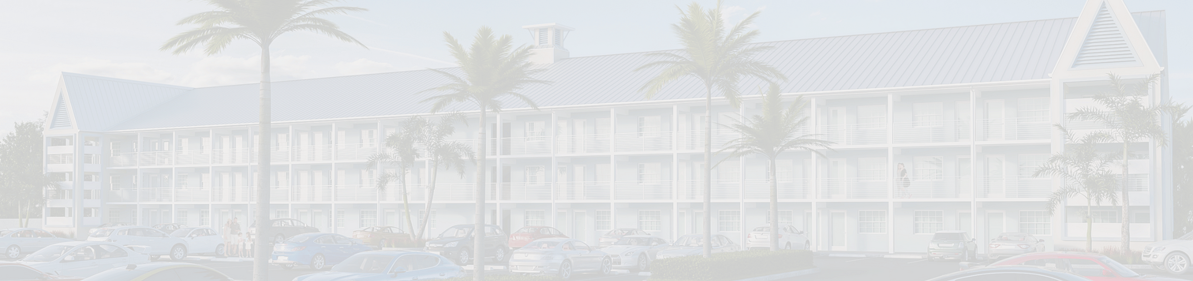 Charming three-story building with a modern facade, surrounded by lush palm trees and ample parking in the foreground.