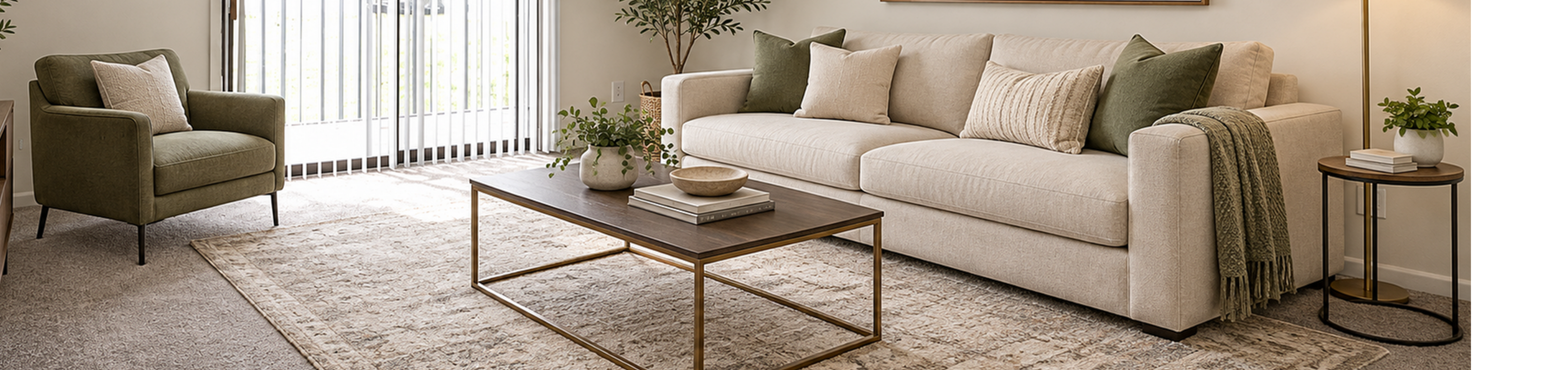 Elegant living room with a plush beige sofa, accented by green cushions, cozy armchair, and tasteful decor including a landscape painting and potted plants.