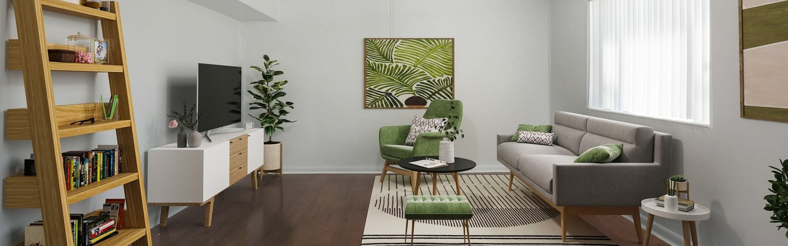 Contemporary living room with elegant decor, featuring a cozy gray sofa, vibrant green armchairs, and stylish wooden accents.