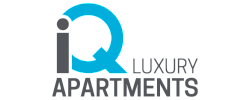 Modern iQ Luxury Apartments logo with a sleek blue design emphasizing elegance and sophistication.
